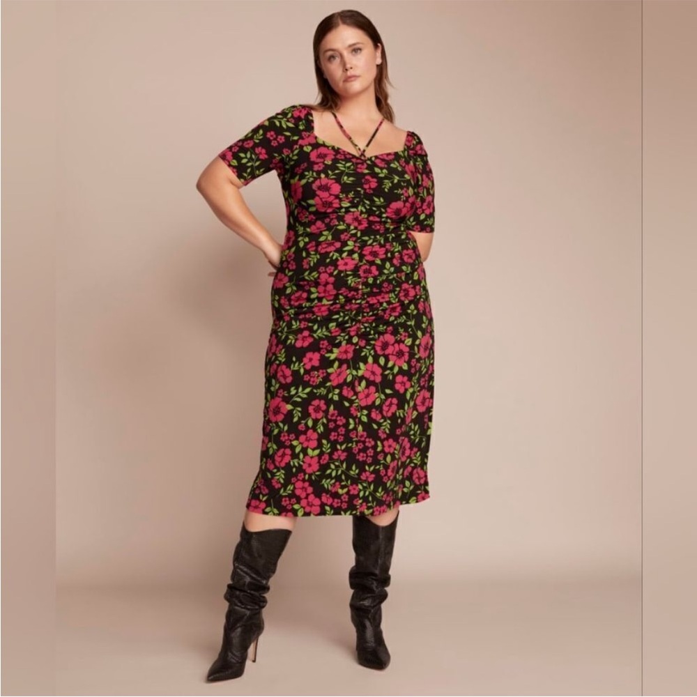 11 Honore black pink floral ruched dress size 3x